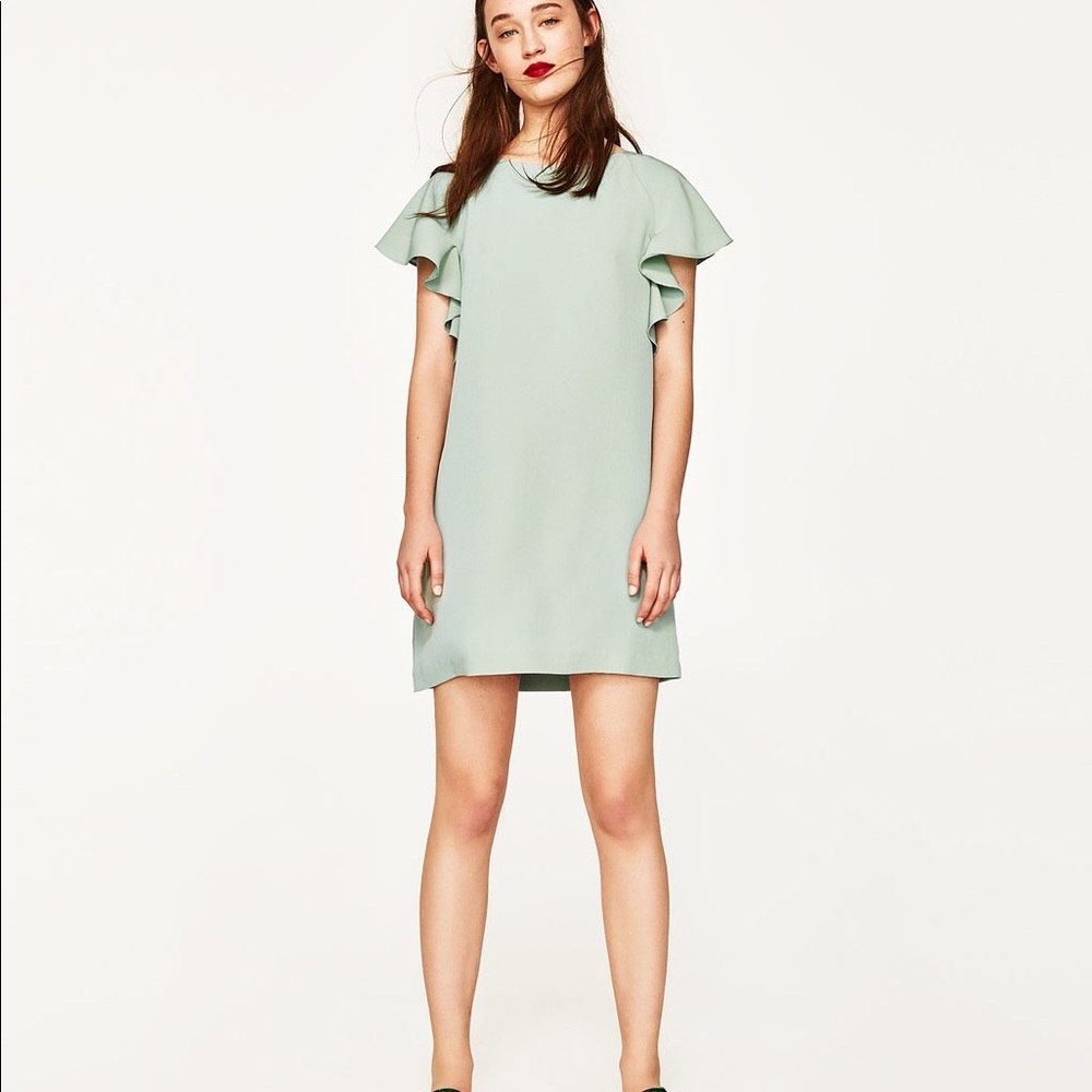 NWOT Zara Sea foam Green Flutter Sleeve Mini Dress - Picture 2 of 4
